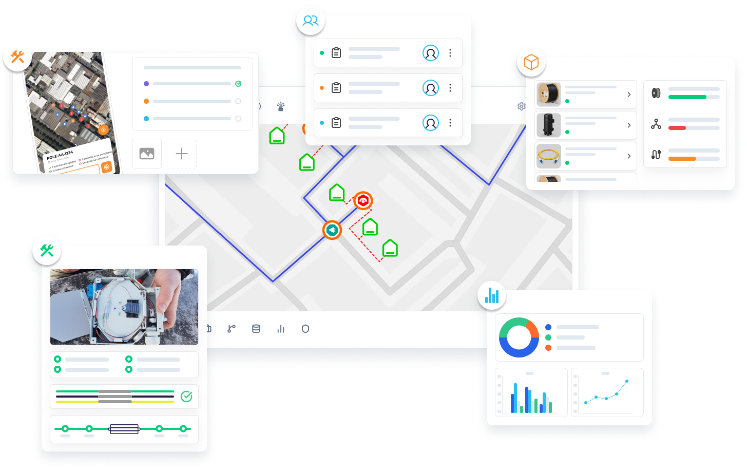 Illustrative connected operational record combining field, work, inventory, splicing, and reporting.