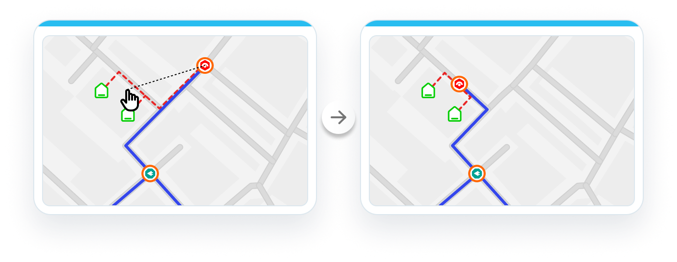 Map editor showing a topology-aware connection change between fibre-network assets.