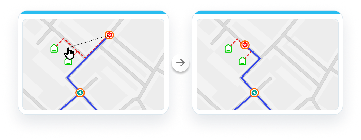 Map editor showing a topology-aware connection change between fibre-network assets.