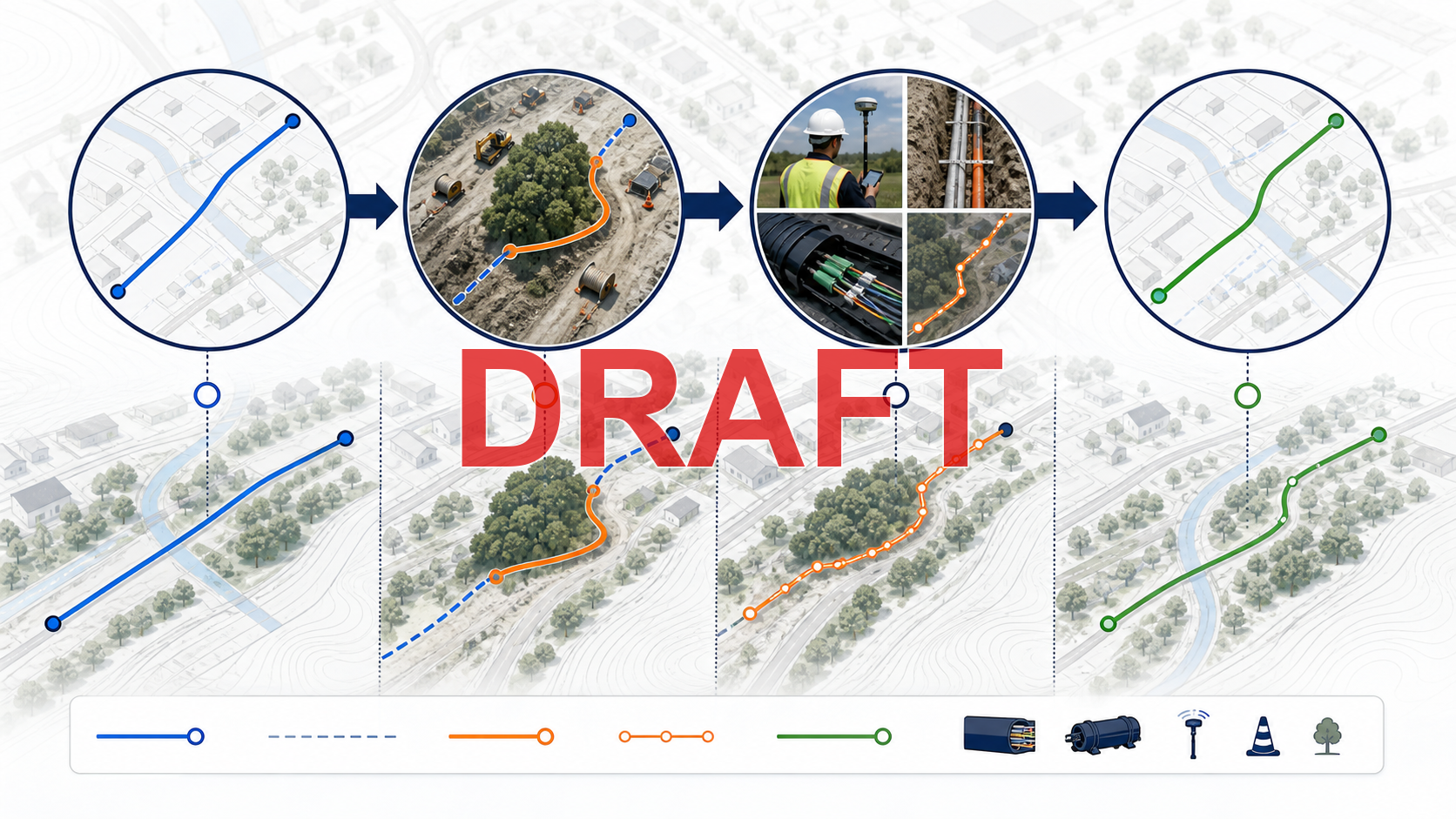 State diagram from approved design through work package, recorded field deviation, quality review, and accepted as-built network