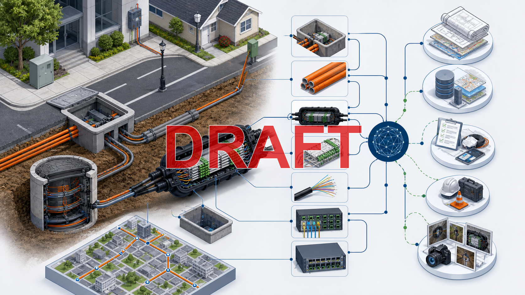 Diagram linking sites, structures, cables, closures, trays, fibers, ports, equipment, stock items, work history, and evidence
