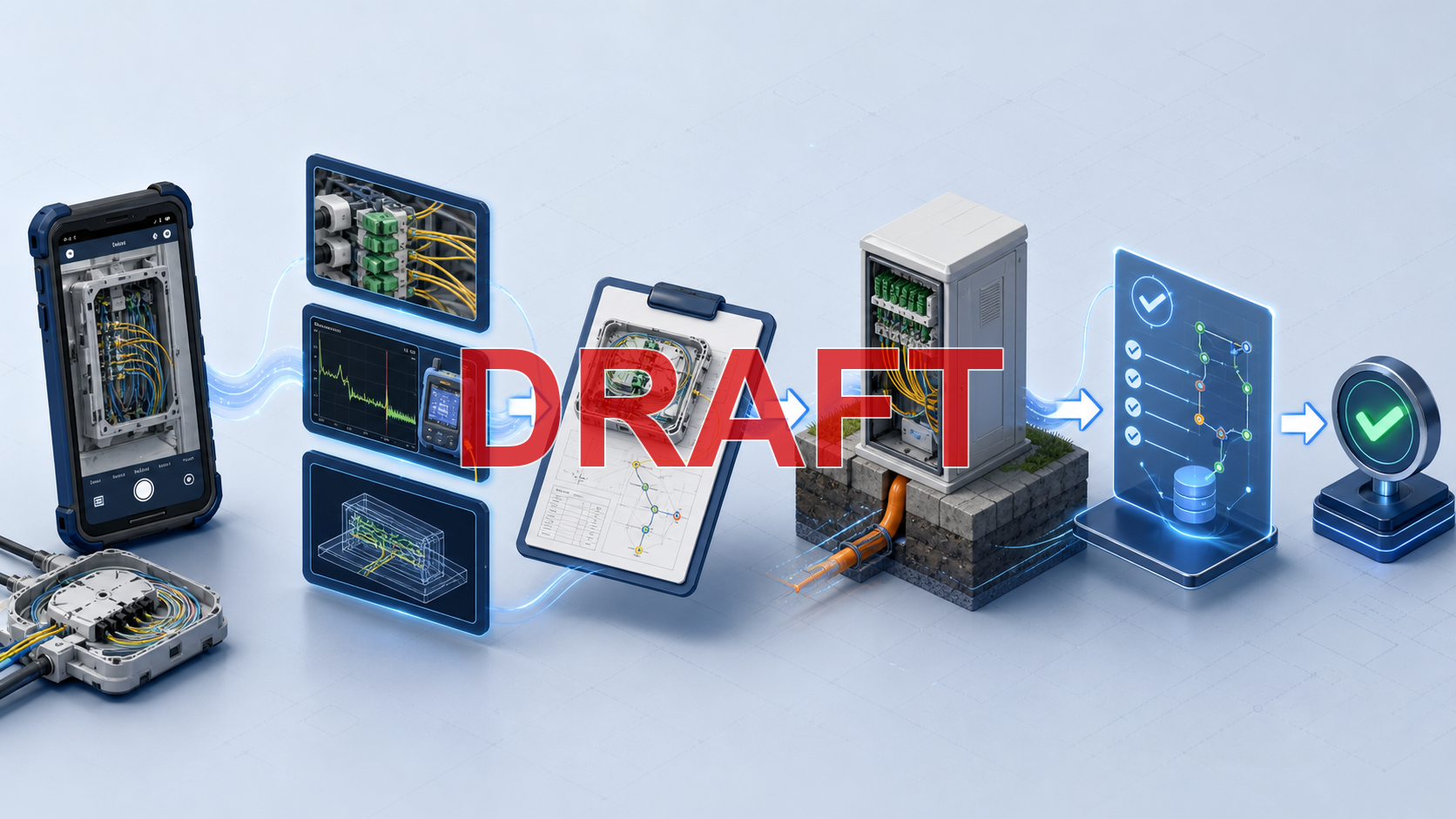 Diagram connecting a field submission to its work package, network object, technician, location, timestamp, design baseline, validation result, and acceptance decision