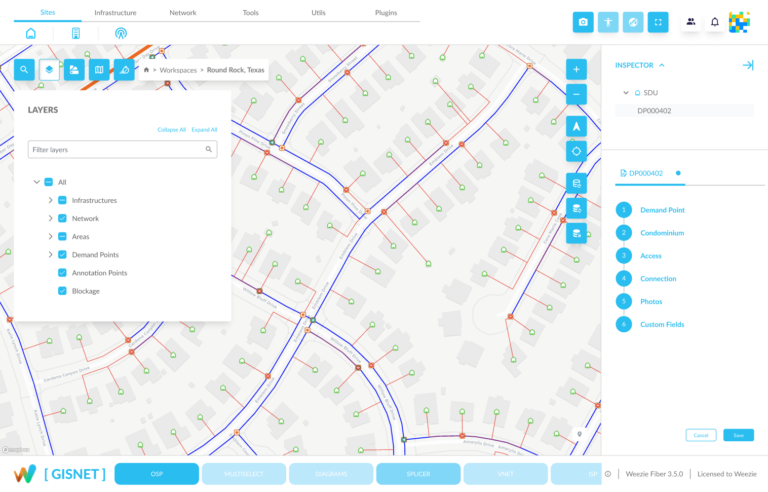 The Weezie network map showing fiber routes, demand points, and the inspector panel.