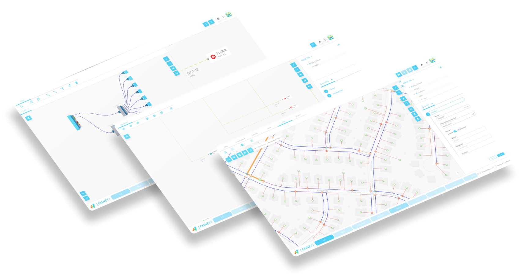 Connected network model shown across topology, connectivity, and GIS editing workspaces.