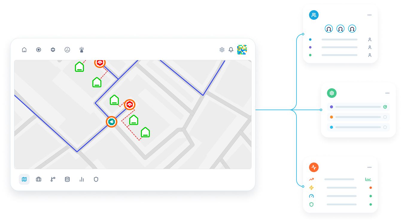 Illustrative fibre network map with operational workflows across teams and outcomes.